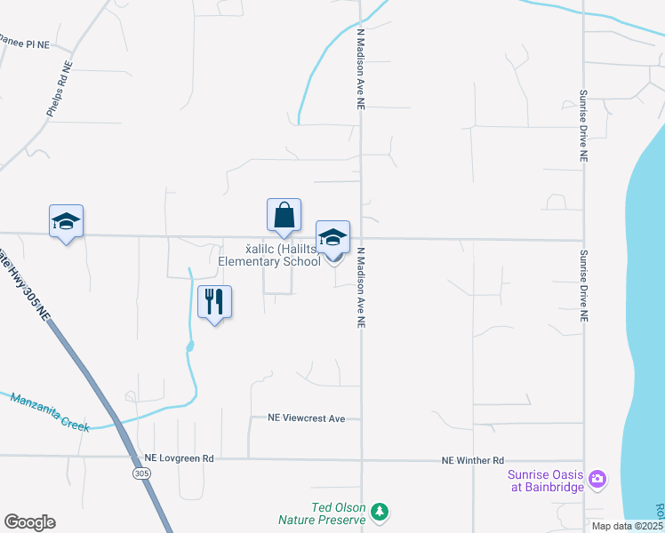 map of restaurants, bars, coffee shops, grocery stores, and more near 12781 North Madison Avenue Northeast in Bainbridge Island