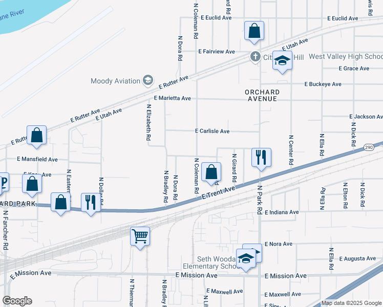 map of restaurants, bars, coffee shops, grocery stores, and more near 2410 North Coleman Road in Spokane Valley
