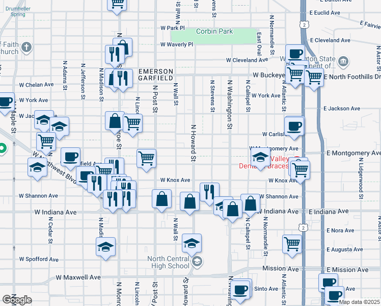 map of restaurants, bars, coffee shops, grocery stores, and more near 2225 North Howard Street in Spokane
