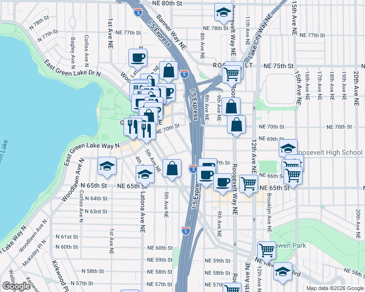 map of restaurants, bars, coffee shops, grocery stores, and more near 505 Northeast 70th Street in Seattle
