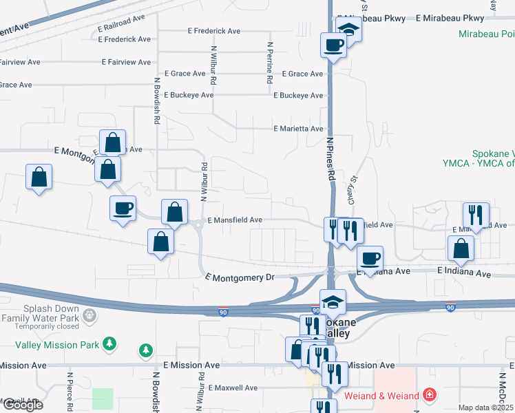 map of restaurants, bars, coffee shops, grocery stores, and more near 11921 East Mansfield Avenue in Spokane Valley