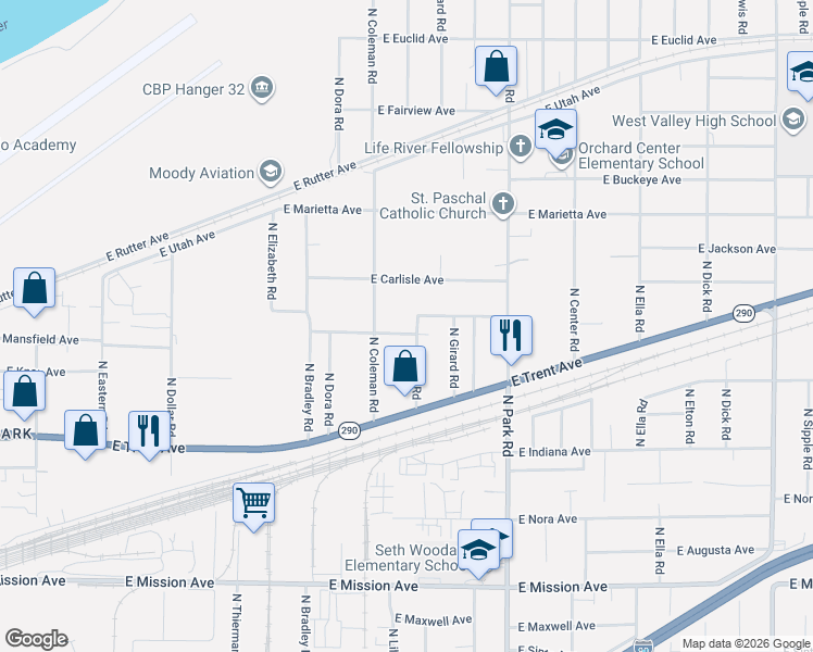 map of restaurants, bars, coffee shops, grocery stores, and more near 7201 East Montgomery Avenue in Spokane Valley
