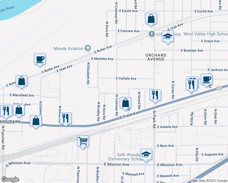 map of restaurants, bars, coffee shops, grocery stores, and more near 2410 North Coleman Road in Spokane Valley