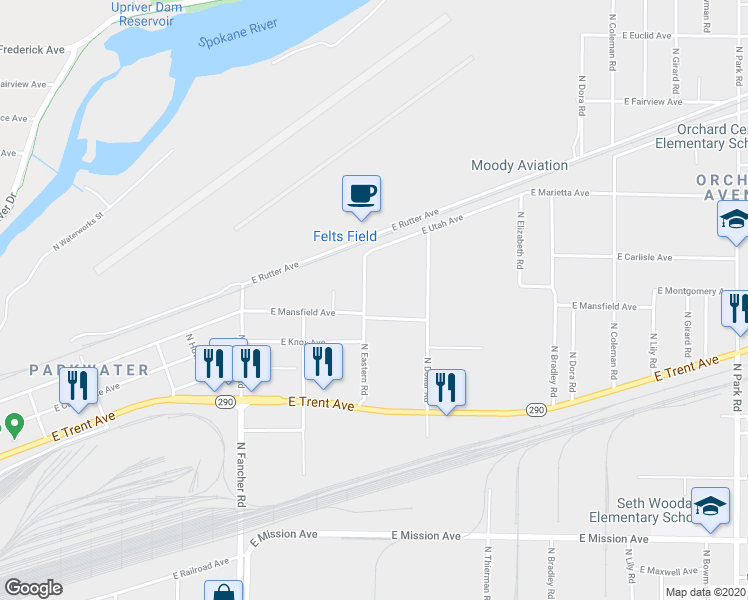 map of restaurants, bars, coffee shops, grocery stores, and more near 2324 North Eastern Road in Spokane Valley