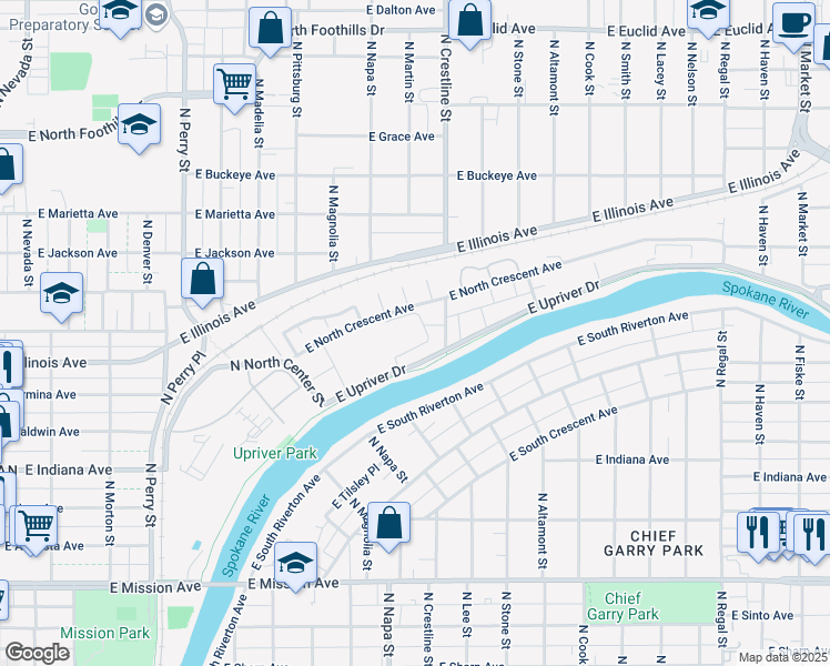 map of restaurants, bars, coffee shops, grocery stores, and more near 2357 North Crestline Street in Spokane