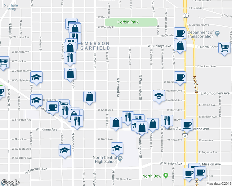 map of restaurants, bars, coffee shops, grocery stores, and more near 523 West Carlisle Avenue in Spokane