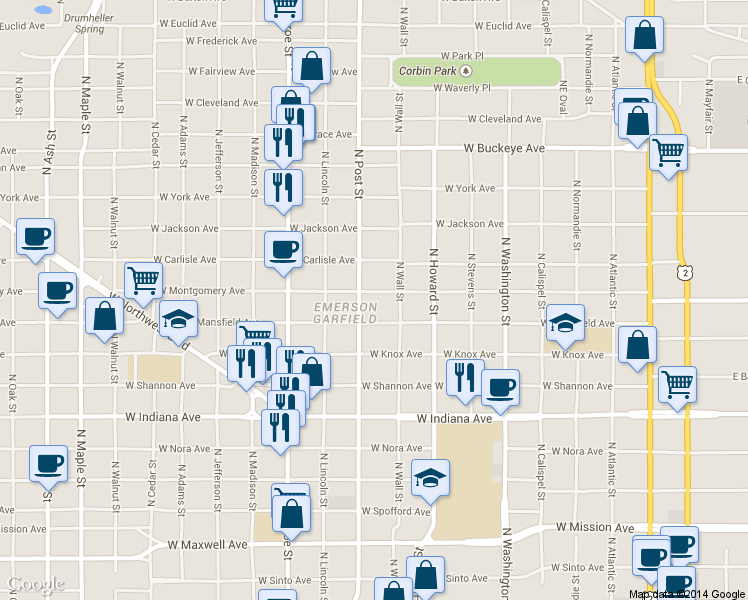 map of restaurants, bars, coffee shops, grocery stores, and more near 725 West Carlisle Avenue in Spokane