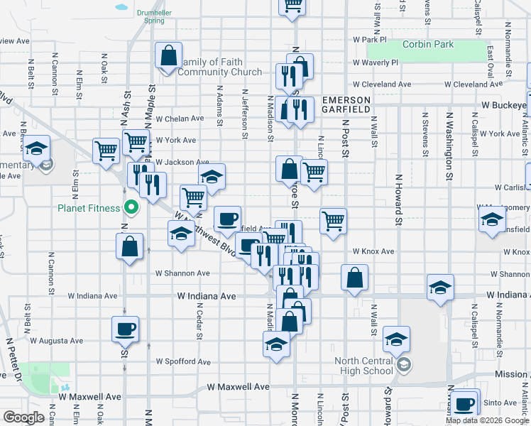 map of restaurants, bars, coffee shops, grocery stores, and more near 1118 West Montgomery Avenue in Spokane