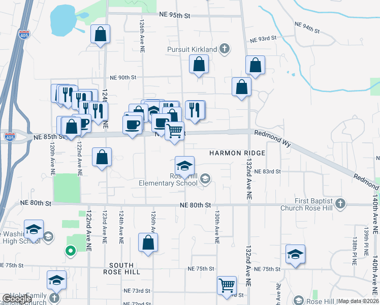 map of restaurants, bars, coffee shops, grocery stores, and more near 12810 Northeast 84th Street in Kirkland