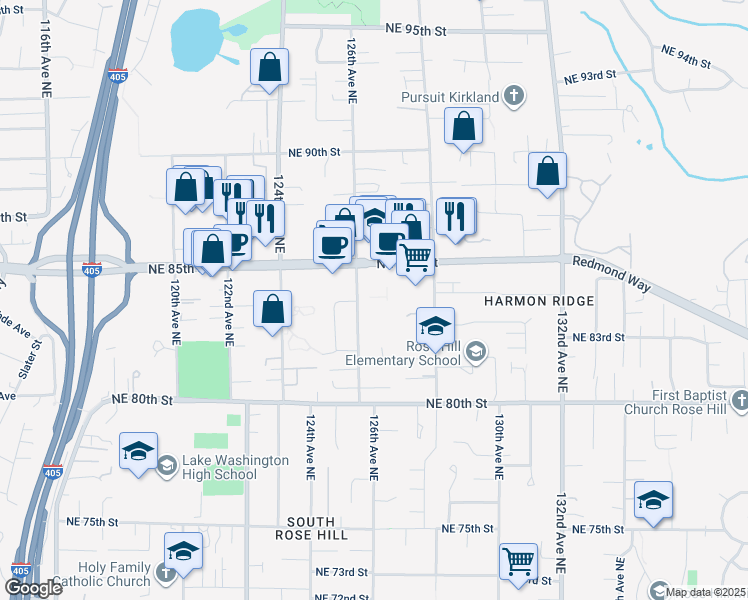 map of restaurants, bars, coffee shops, grocery stores, and more near 12607 Northeast 85th Street in Kirkland