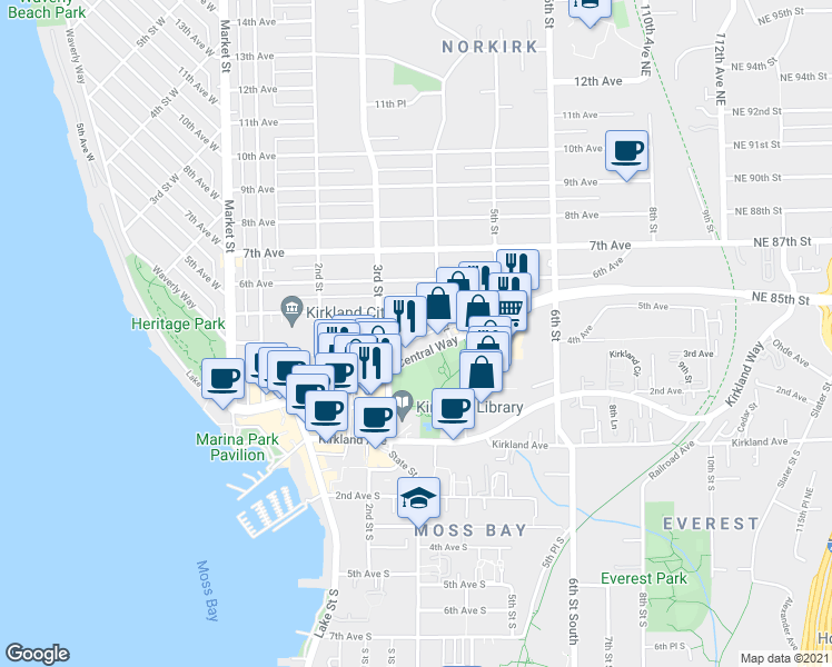 map of restaurants, bars, coffee shops, grocery stores, and more near 318 4th Avenue in Kirkland