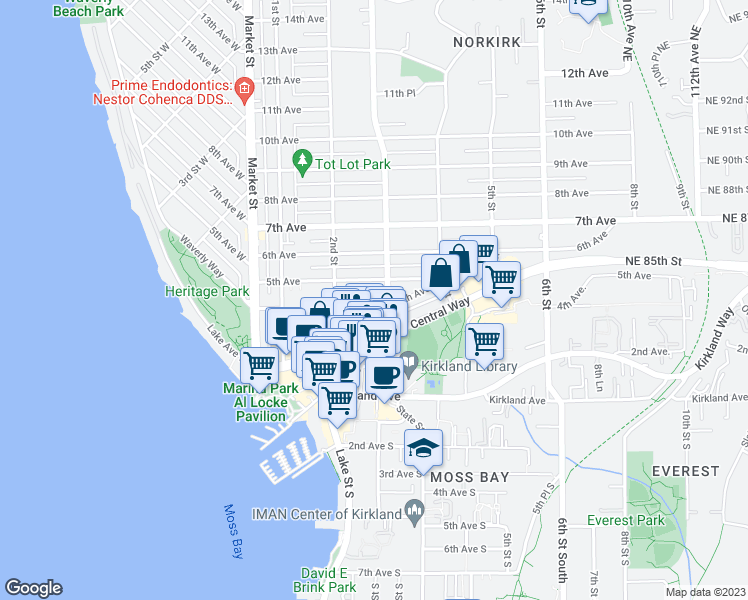 map of restaurants, bars, coffee shops, grocery stores, and more near 224 5th Avenue in Kirkland