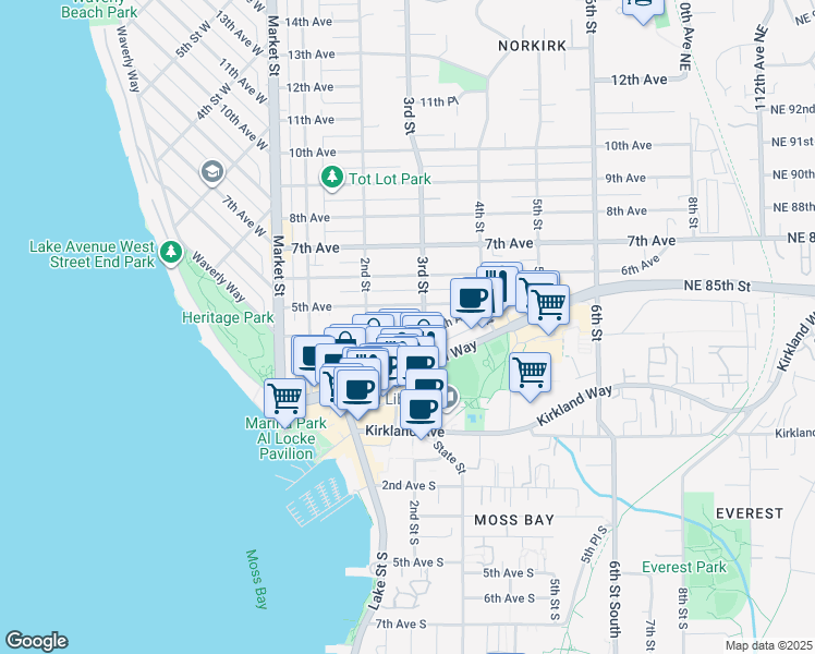 map of restaurants, bars, coffee shops, grocery stores, and more near 224 5th Avenue in Kirkland