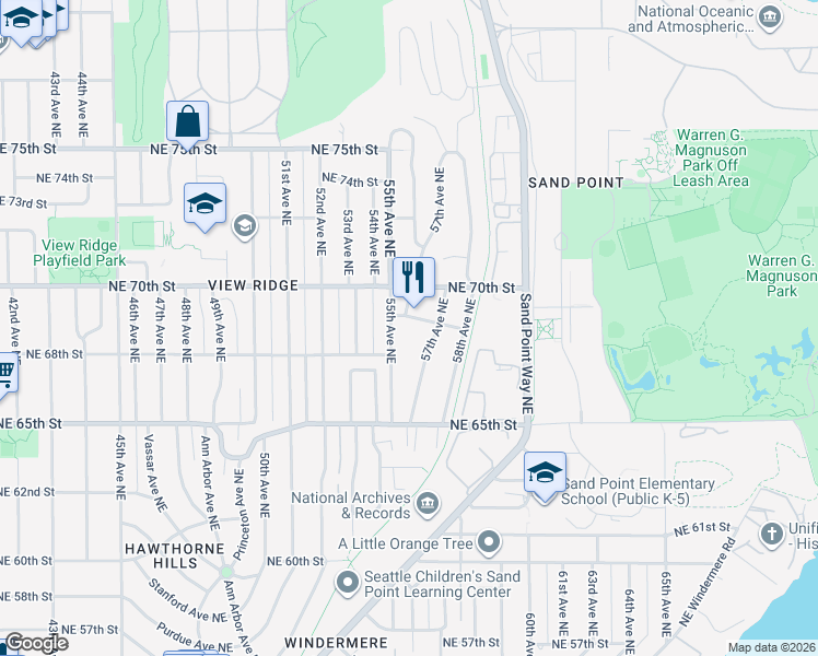map of restaurants, bars, coffee shops, grocery stores, and more near 6918 56th Avenue Northeast in Seattle