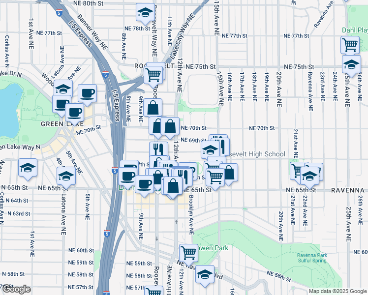 map of restaurants, bars, coffee shops, grocery stores, and more near 1226 Northeast 69th Street in Seattle