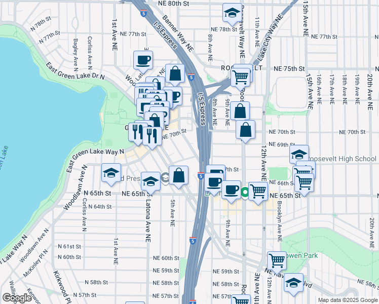 map of restaurants, bars, coffee shops, grocery stores, and more near 505 Northeast 70th Street in Seattle