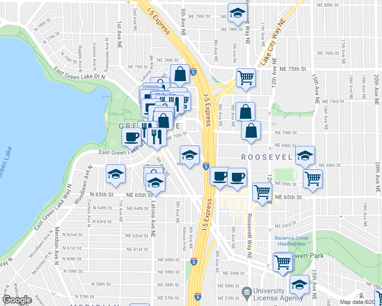 map of restaurants, bars, coffee shops, grocery stores, and more near 505 Northeast 70th Street in Seattle