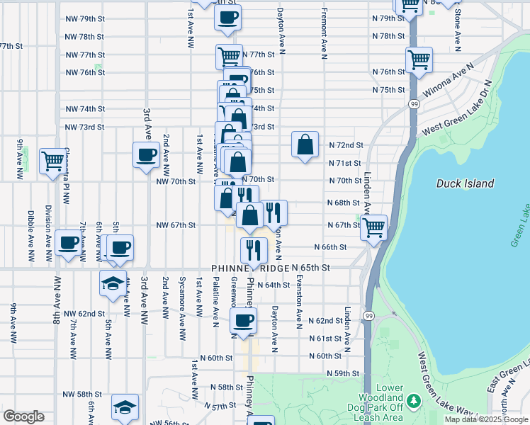 map of restaurants, bars, coffee shops, grocery stores, and more near 416 North 68th Street in Seattle