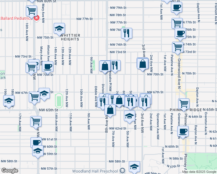 map of restaurants, bars, coffee shops, grocery stores, and more near 6742 Cleopatra Place Northwest in Seattle