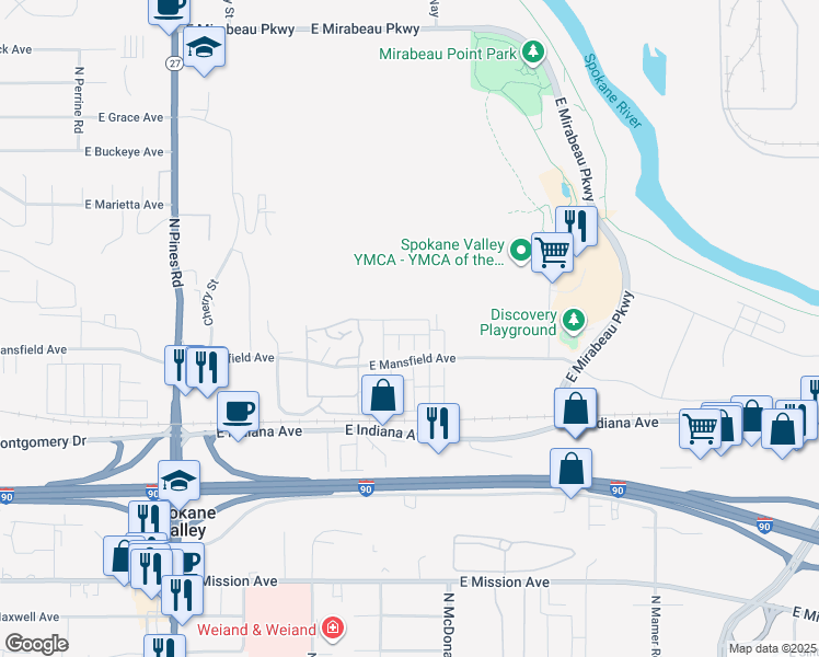 map of restaurants, bars, coffee shops, grocery stores, and more near 12925 East Mansfield Avenue in Spokane Valley