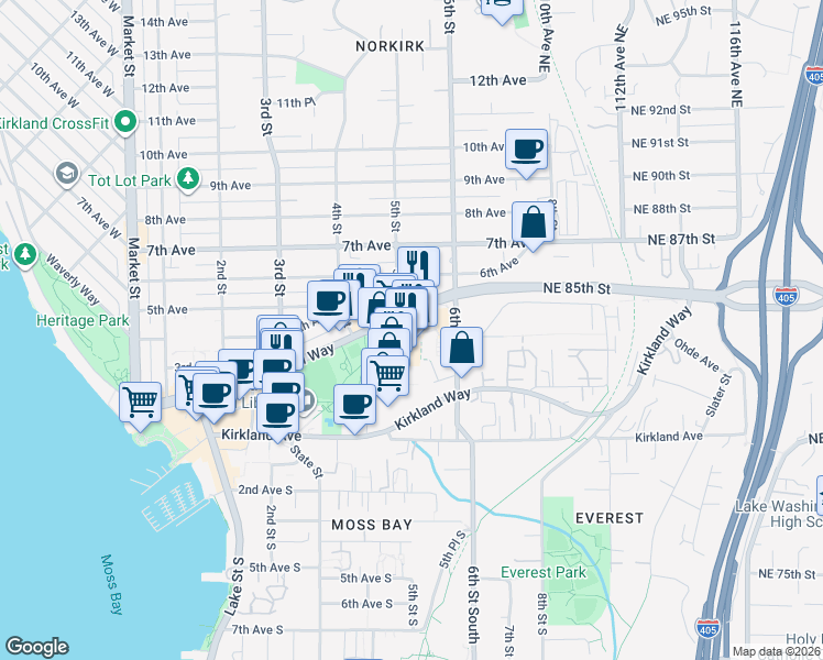map of restaurants, bars, coffee shops, grocery stores, and more near 550 Uptown Court in Kirkland
