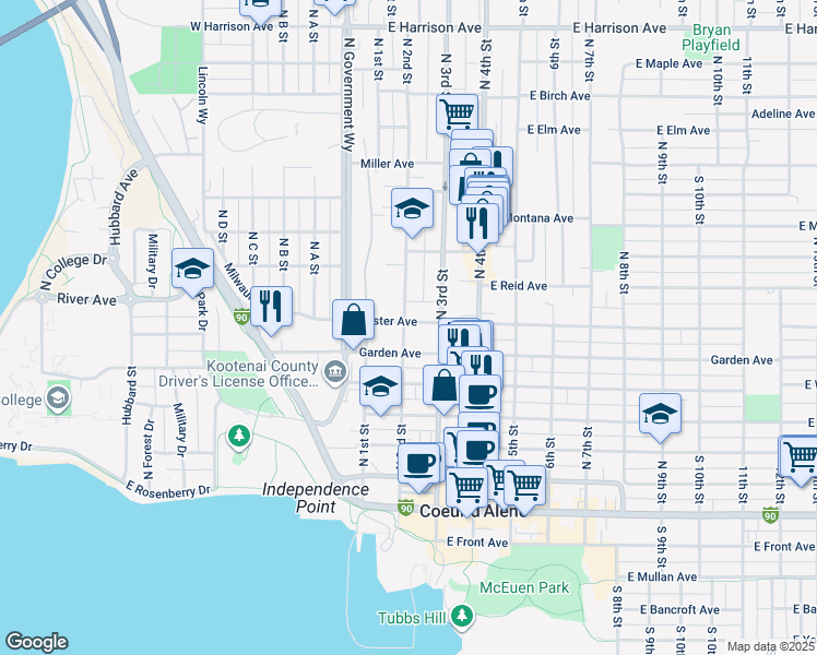 map of restaurants, bars, coffee shops, grocery stores, and more near 705 North 2nd Street in Coeur d'Alene