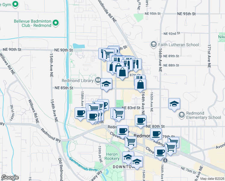 map of restaurants, bars, coffee shops, grocery stores, and more near 16075 Northeast 85th Street in Redmond