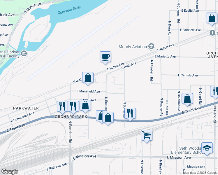 map of restaurants, bars, coffee shops, grocery stores, and more near 2324 North Eastern Road in Spokane Valley