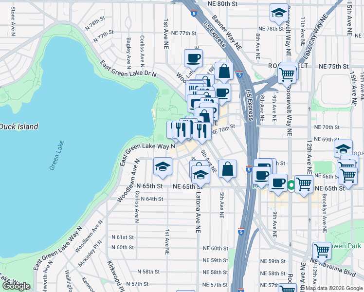map of restaurants, bars, coffee shops, grocery stores, and more near 6860 East Green Lake Way North in Seattle