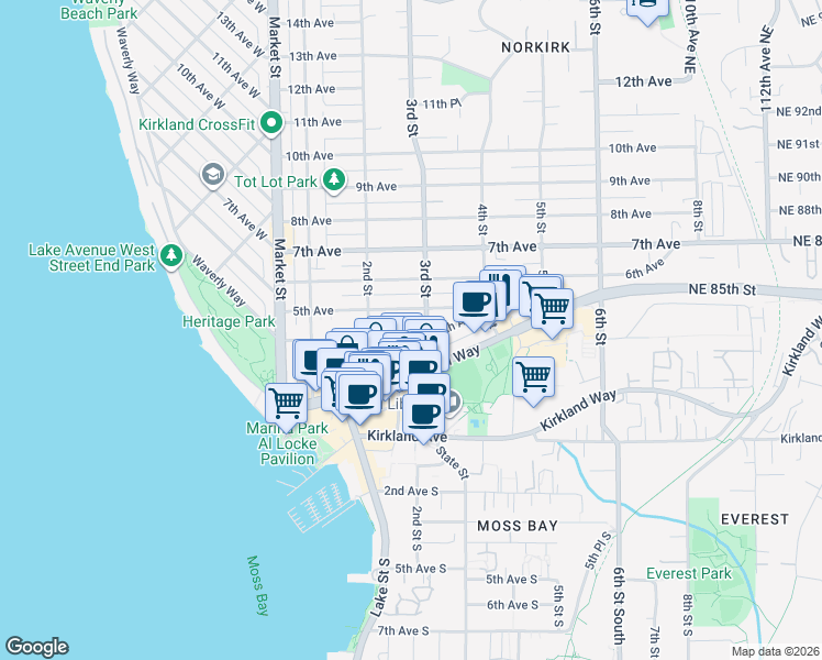 map of restaurants, bars, coffee shops, grocery stores, and more near 224 5th Avenue in Kirkland