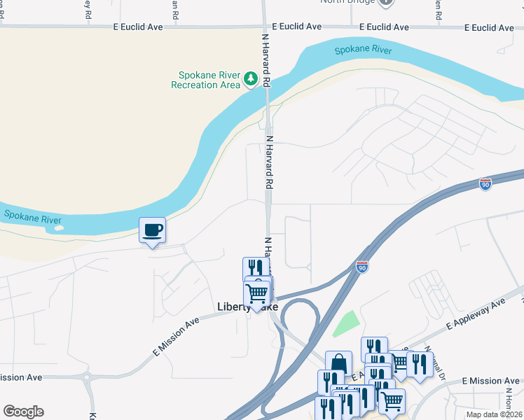 map of restaurants, bars, coffee shops, grocery stores, and more near 2410-2738 North Harvard Road in Liberty Lake