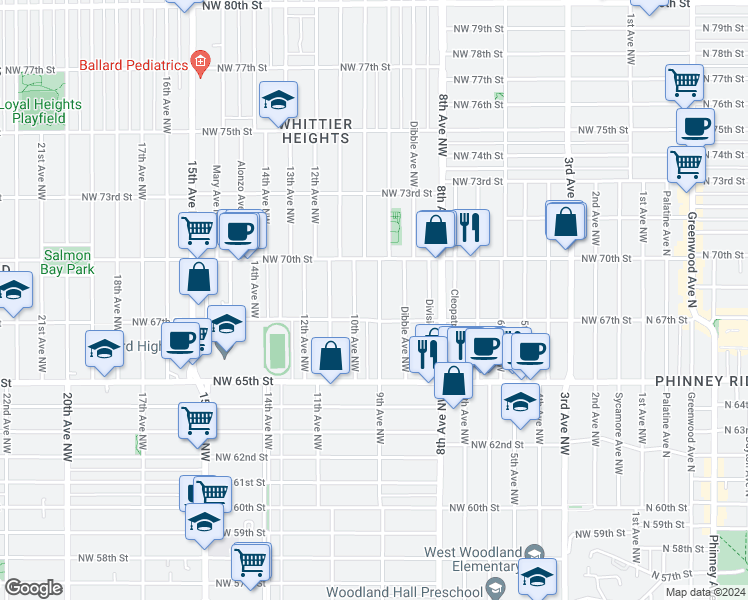map of restaurants, bars, coffee shops, grocery stores, and more near 6719 9th Avenue Northwest in Seattle
