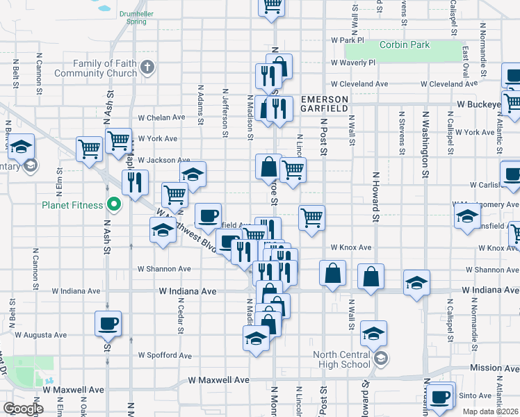 map of restaurants, bars, coffee shops, grocery stores, and more near 1017 West Carlisle Avenue in Spokane