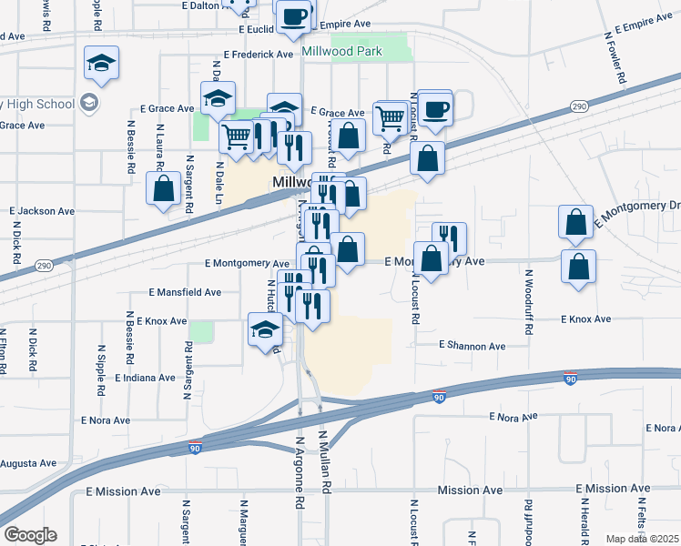 map of restaurants, bars, coffee shops, grocery stores, and more near 9227 East Montgomery Avenue in Spokane Valley