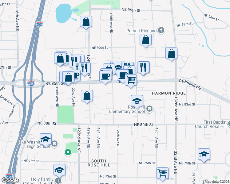 map of restaurants, bars, coffee shops, grocery stores, and more near 8240 126th Avenue Northeast in Kirkland