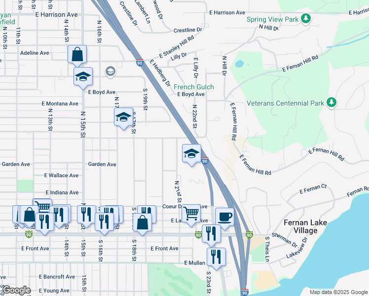 map of restaurants, bars, coffee shops, grocery stores, and more near 2106 East Pennsylvania Avenue in Coeur d'Alene