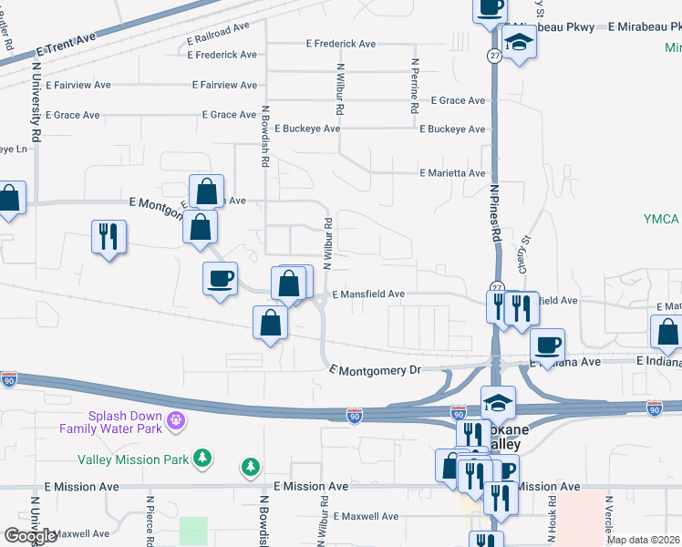map of restaurants, bars, coffee shops, grocery stores, and more near 2332 North Wilbur Road in Spokane Valley