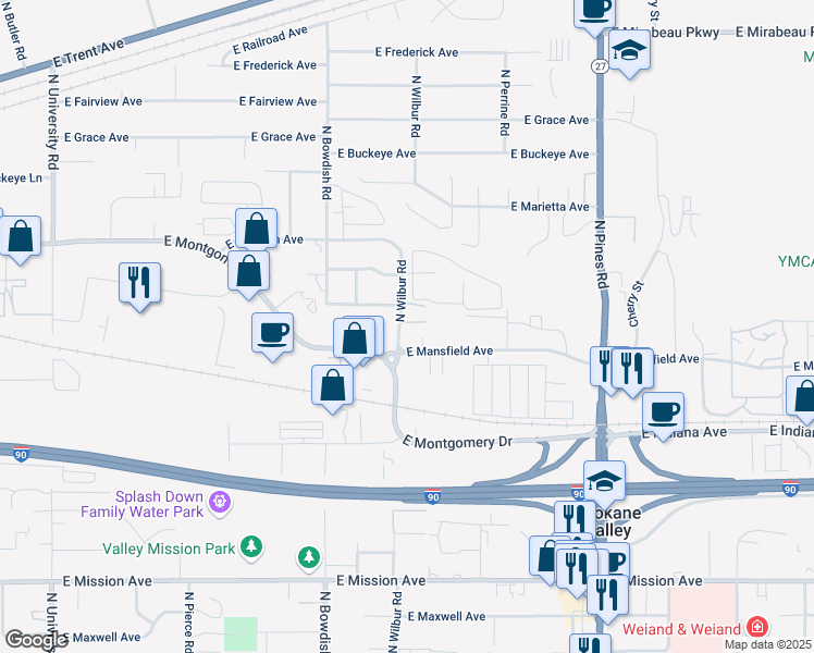 map of restaurants, bars, coffee shops, grocery stores, and more near 2332 North Wilbur Road in Spokane Valley