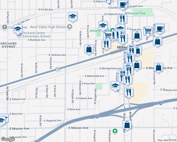 map of restaurants, bars, coffee shops, grocery stores, and more near 10511 East 9th Avenue in Spokane Valley