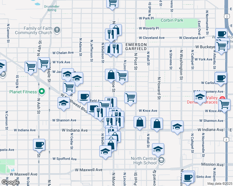 map of restaurants, bars, coffee shops, grocery stores, and more near 2310 North Monroe Street in Spokane