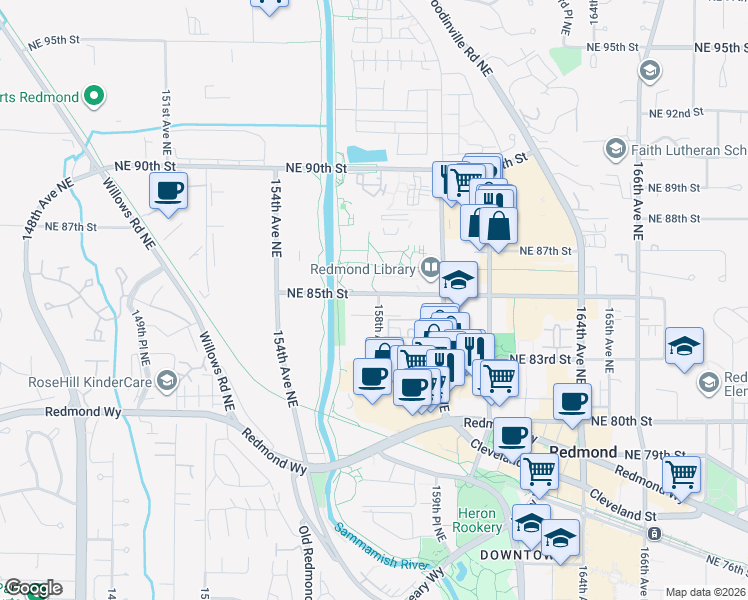 map of restaurants, bars, coffee shops, grocery stores, and more near in Redmond