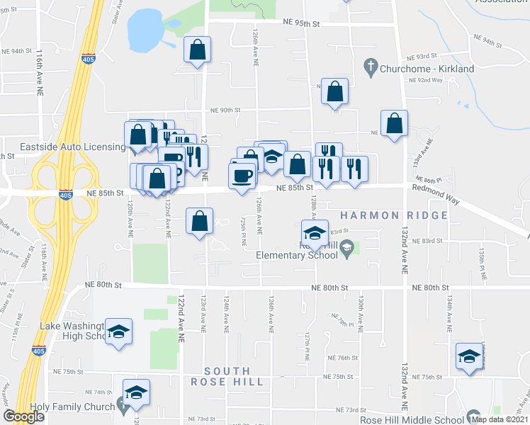 map of restaurants, bars, coffee shops, grocery stores, and more near 12607 Northeast 85th Street in Kirkland