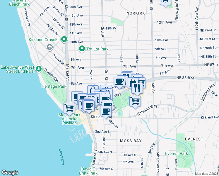 map of restaurants, bars, coffee shops, grocery stores, and more near 302 5th Avenue in Kirkland