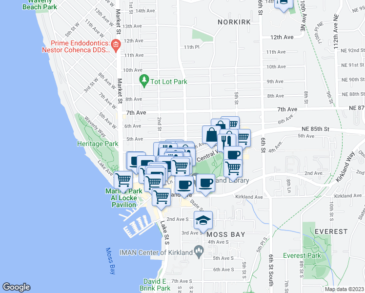 map of restaurants, bars, coffee shops, grocery stores, and more near 302 5th Avenue in Kirkland