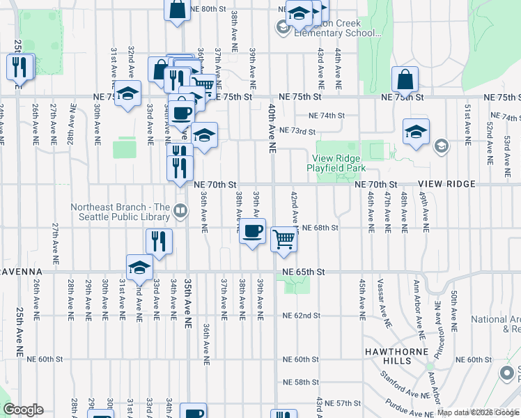 map of restaurants, bars, coffee shops, grocery stores, and more near 6842 39th Avenue Northeast in Seattle