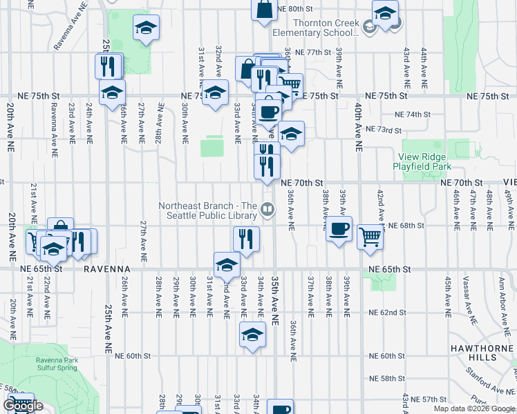 map of restaurants, bars, coffee shops, grocery stores, and more near 6849 34th Avenue Northeast in Seattle