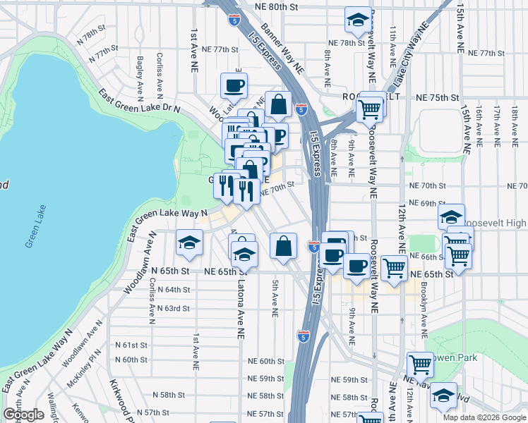 map of restaurants, bars, coffee shops, grocery stores, and more near 6845 Oswego Place Northeast in Seattle