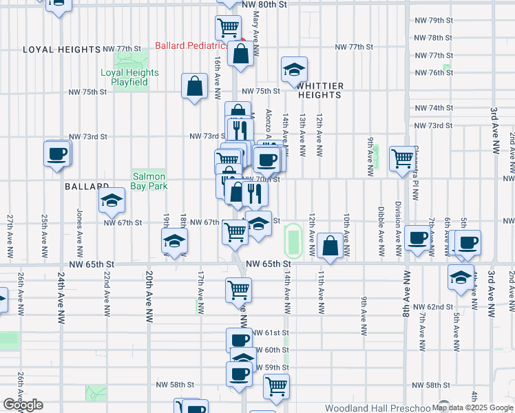 map of restaurants, bars, coffee shops, grocery stores, and more near 6738 Mary Avenue Northwest in Seattle