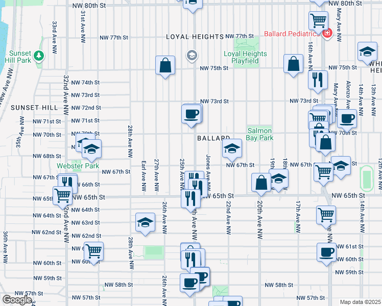 map of restaurants, bars, coffee shops, grocery stores, and more near 6741 24th Avenue Northwest in Seattle