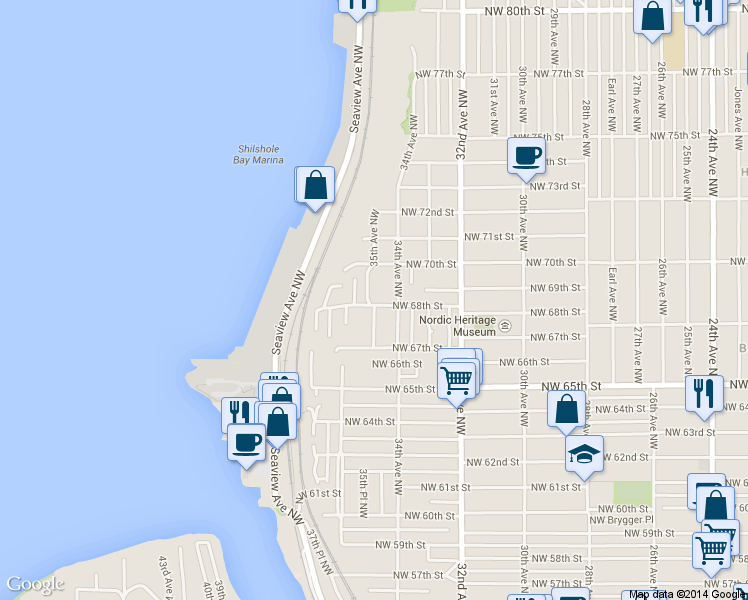 map of restaurants, bars, coffee shops, grocery stores, and more near 6827 34th Avenue Northwest in Seattle